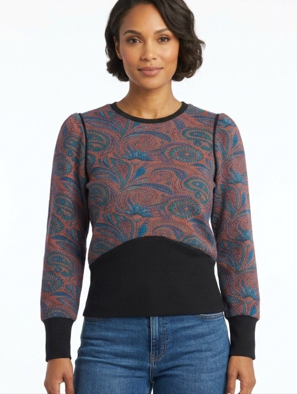 Savida Dunnes Stores Tapestry Jacquard Knit Sweatshirt Top Paisley Puff Sleeve S